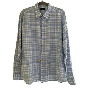 Theory Blue/White Savanna Plaid Linen/Cotton Blend Sylvain Shirt XXL